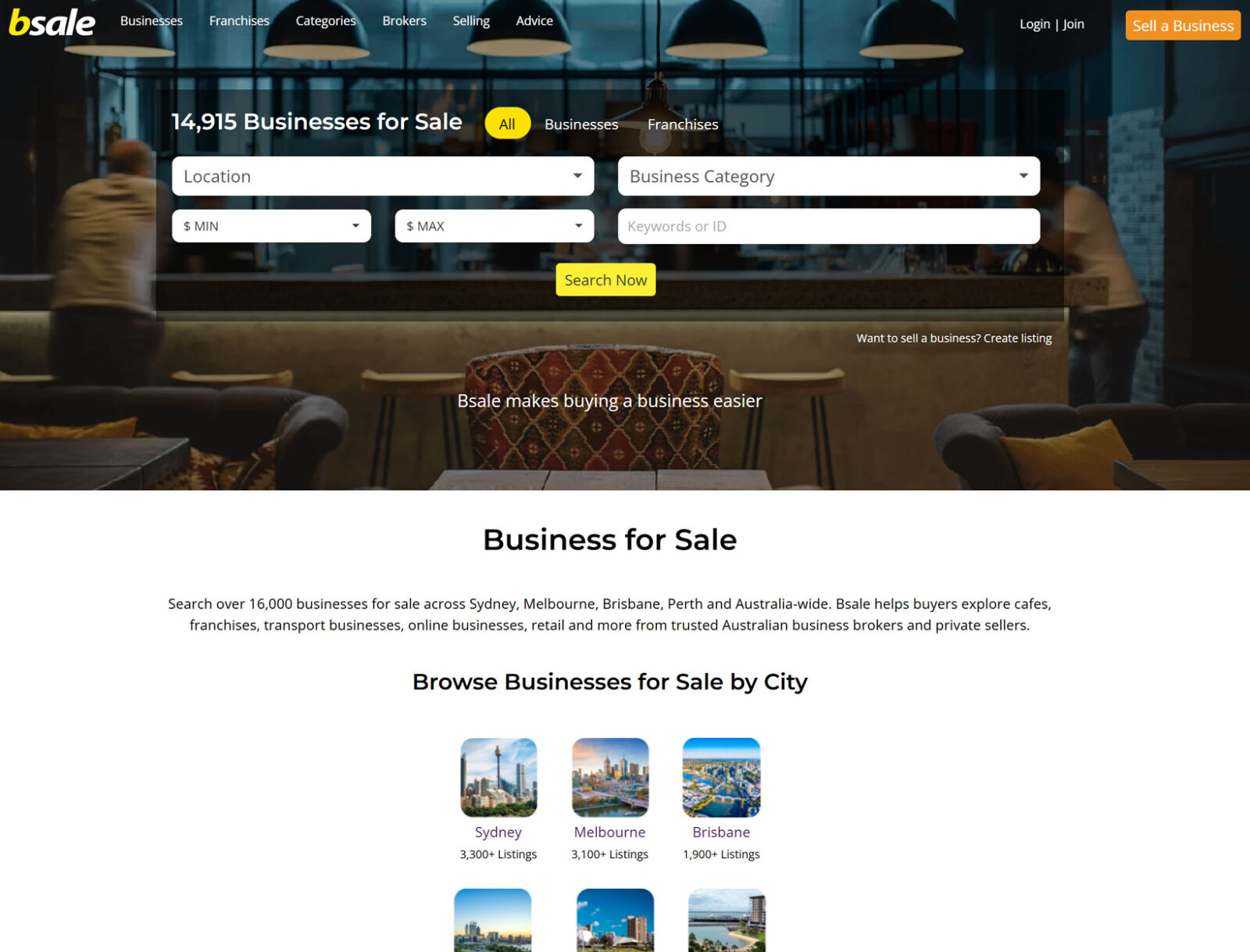 Bsale website showing businesses for sale across Australia